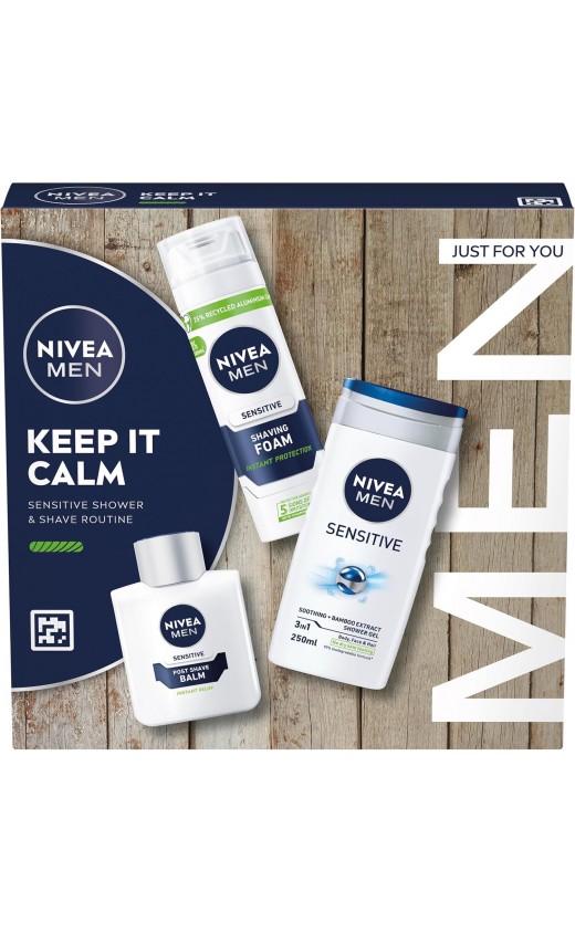 NIVEA MEN Keep It Calm Gift Set (3 Products), Men's Skincare Gift Set for Sensitive Skin with Shower Gel, Shaving Foam, and Post Shave Balm 