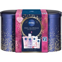 NIVEA Feel Glorious Gift Set (5 Products), Women's Gift Set with Beauty Products, Includes Micellar Water, Face Mask, Day Cream, Cream Wash, with Stylish Oval Tin 