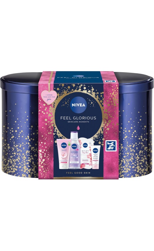NIVEA Feel Glorious Gift Set (5 Products), Women's Gift Set with Beauty Products, Includes Micellar Water, Face Mask, Day Cream, Cream Wash, with Stylish Oval Tin 