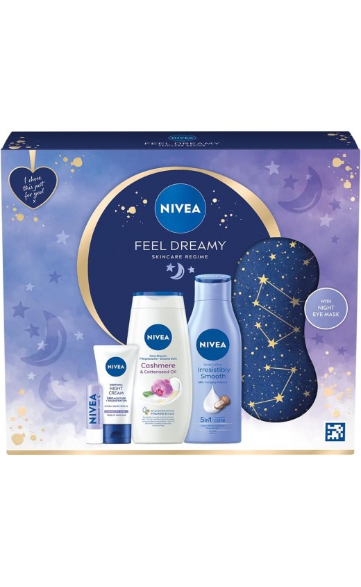 NIVEA Feel Dreamy Skincare Regime Gift Set, Women's Gift Set Includes Shower Cream, Body Lotion, Night Cream, Lip Balm, and Eye Mask